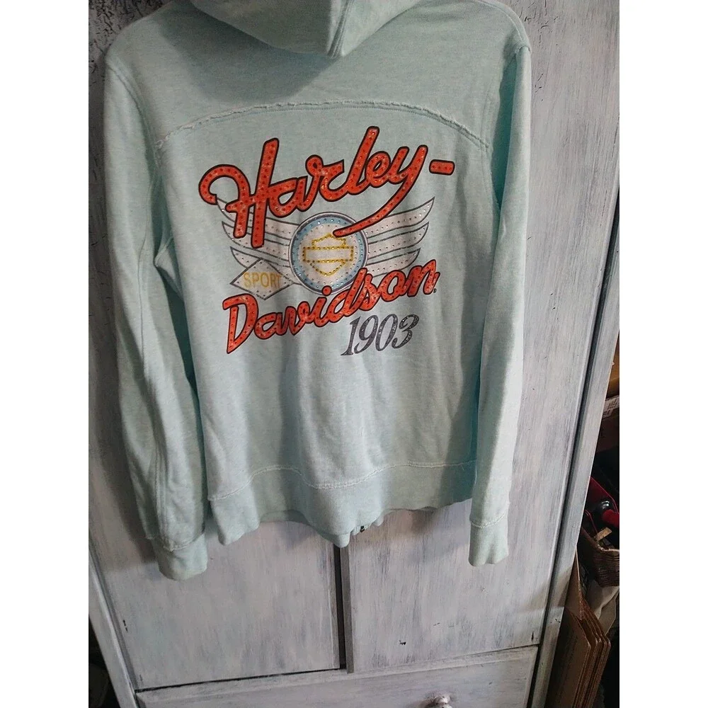 Harley-Davidson Rhinestone Hooded Jacket Blue Medium Motorcycle Y2K - Picture 7 of 15